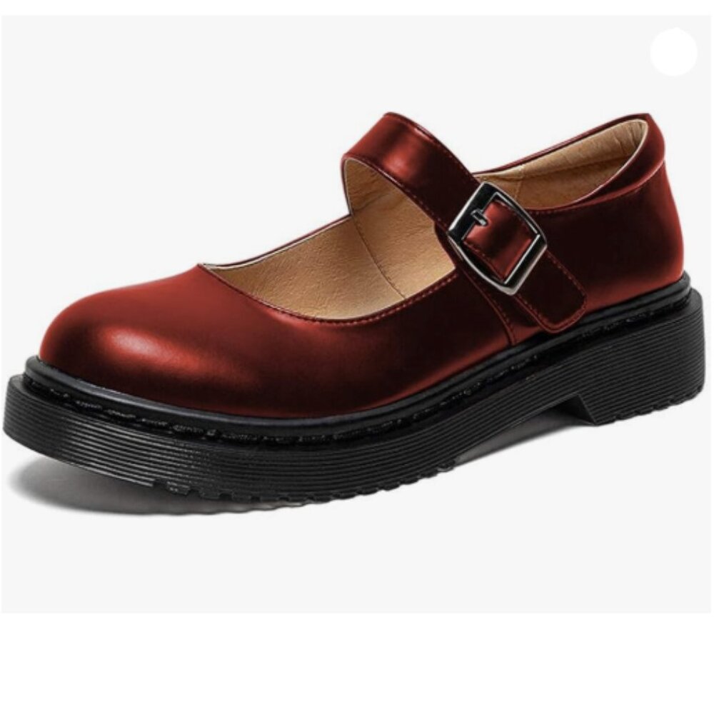 YDN Women Round Closed Toe Mary Jane Flats Single Ankle Strap Buckle Red Shoes